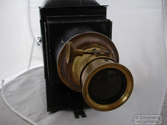 Antique large magic lantern. Black lacquered tinplate and brass