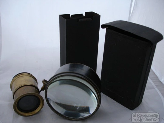 Antique large magic lantern. Black lacquered tinplate and brass