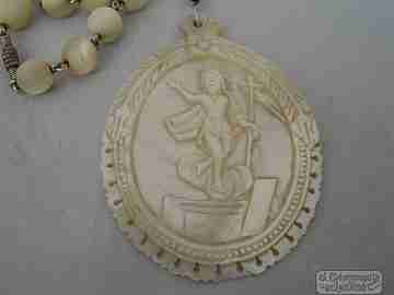 Antique rosary. Silver and mother of pearl. Jesus bas-relief