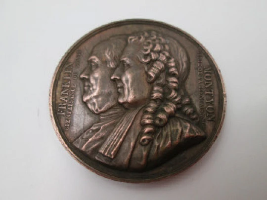 Antoine de Montyon and Benjamin Franklin copper medal. Jean Jacques Barré. 1833