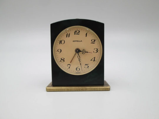 Appella wind-up travel desk alarm clock. Green burnished bronze and golden metal. Swiss