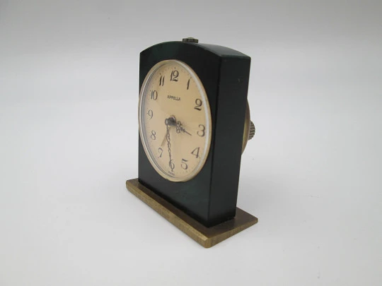 Appella wind-up travel desk alarm clock. Green burnished bronze and golden metal. Swiss