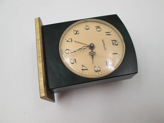 Appella wind-up travel desk alarm clock. Green burnished bronze and golden metal. Swiss