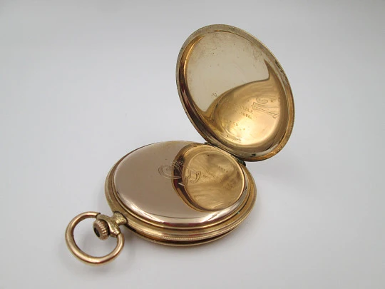 Arsa hunter-case pocket watch. Gold plated. Stem-wind. Ornate lids. 1930's. Swiss