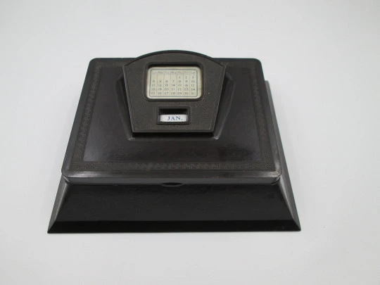 Art deco bakelite table perpetual calendar with desk box. Greek key molding. Europe. 1930's
