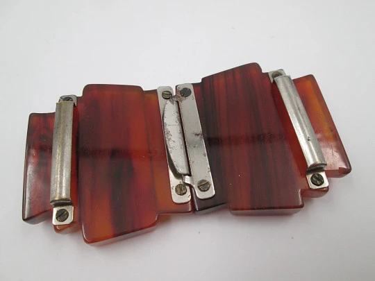 Art deco ladie's amber bakelite belt buckle. Geometric design. Silver metal details. 1930's