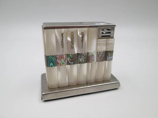 Augusta butane table lighter. Silver plated metal, nacre and mother of pearl. Germany Augusta butane table lighter. Silver plated metal, nacre and mother of pearl. Germany