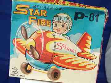 Avión mecánico Star Fire P-81. Hojalata litografiada. 1950. Kanto Toys. Cuerda