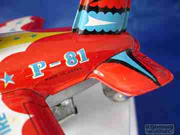 Avión mecánico Star Fire P-81. Hojalata litografiada. 1950. Kanto Toys. Cuerda