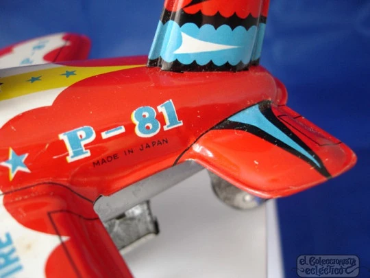 Avión mecánico Star Fire P-81. Hojalata litografiada. 1950. Kanto Toys. Cuerda