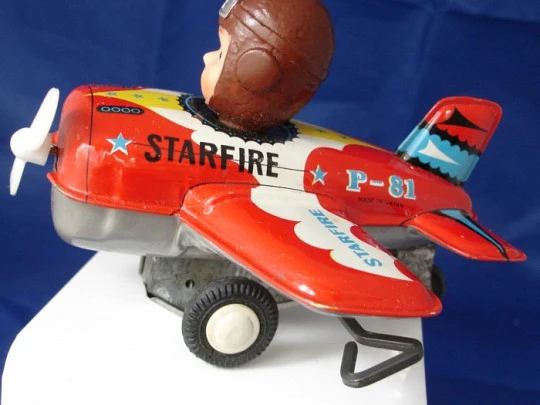 Avión mecánico Star Fire P-81. Hojalata litografiada. 1950. Kanto Toys. Cuerda