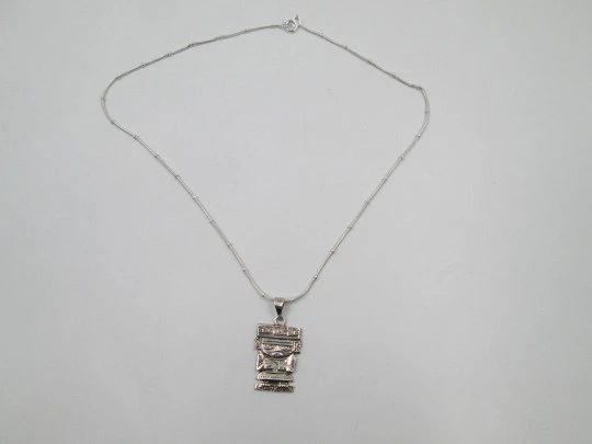 Aztec idol necklace with cord. 925 sterling silver. Carabiner clasp. Mexico. 1980's