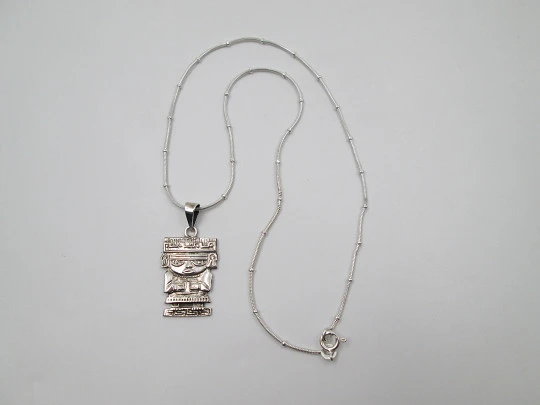 Aztec idol necklace with cord. 925 sterling silver. Carabiner clasp. Mexico. 1980's
