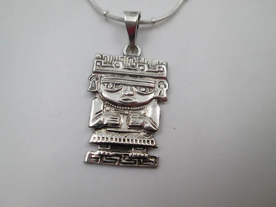 Aztec idol necklace with cord. 925 sterling silver. Carabiner clasp. Mexico. 1980's