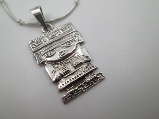 Aztec idol necklace with cord. 925 sterling silver. Carabiner clasp. Mexico. 1980's