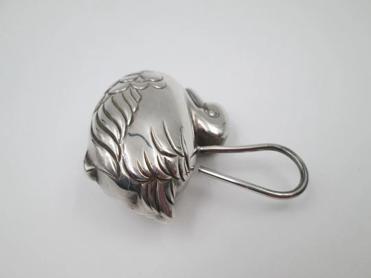 Baby rattle with handle. 925 sterling silver. Swimming duck figure. Europe. 1980's Baby rattle with handle. 925 sterling silver. Swimming duck figure. Europe. 1980's