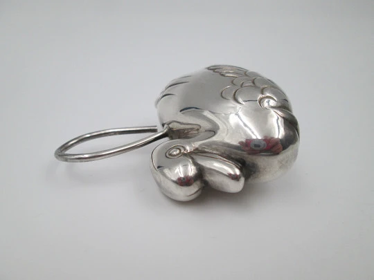 Baby rattle with handle. 925 sterling silver. Swimming duck figure. Europe. 1980's Baby rattle with handle. 925 sterling silver. Swimming duck figure. Europe. 1980's