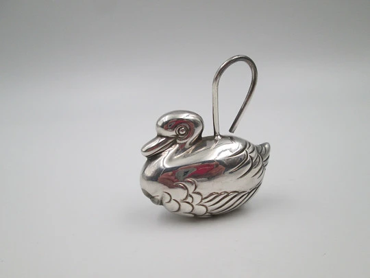 Baby rattle with handle. 925 sterling silver. Swimming duck figure. Europe. 1980's Baby rattle with handle. 925 sterling silver. Swimming duck figure. Europe. 1980's