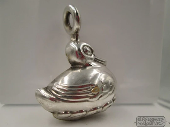 Baby rattle. 925 sterling silver. 1960's. Duck figure. Ring