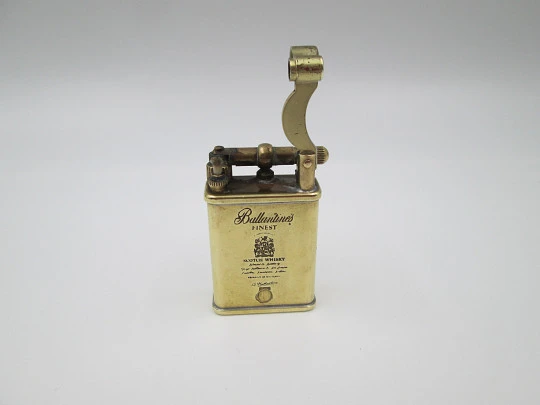 Ballantine's advertising pocket petrol lighter. Lift arm model. Gold-plated metal. 1980's