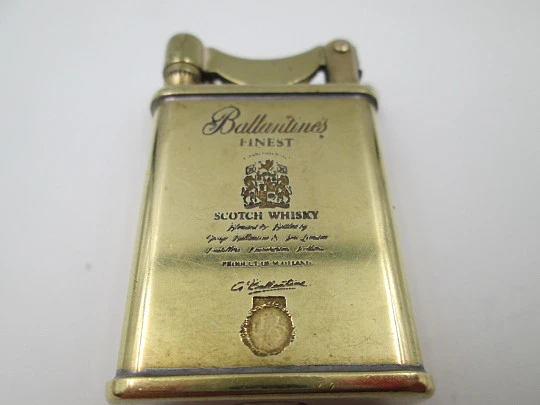 Ballantine's advertising pocket petrol lighter. Lift arm model. Gold-plated metal. 1980's