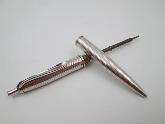 Ballpoint pen. 935 sterling silver. Vertical lines design. Push mechanism. Europe. 1950's