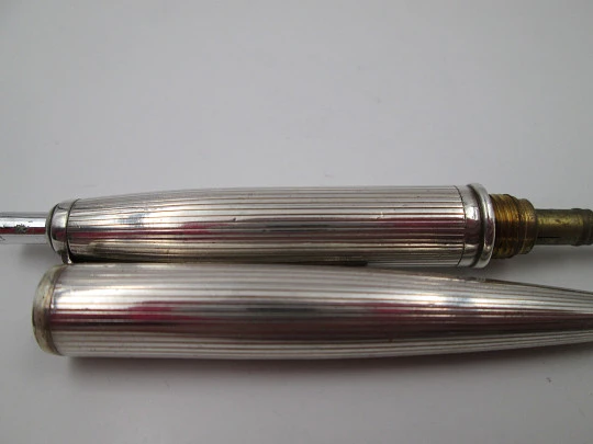 Ballpoint pen. 935 sterling silver. Vertical lines design. Push mechanism. Europe. 1950's