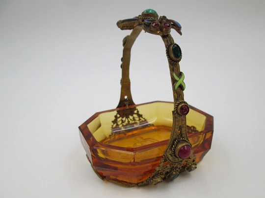 Basket miniature. Cut glass, enamel & colours stones. France. 1940's