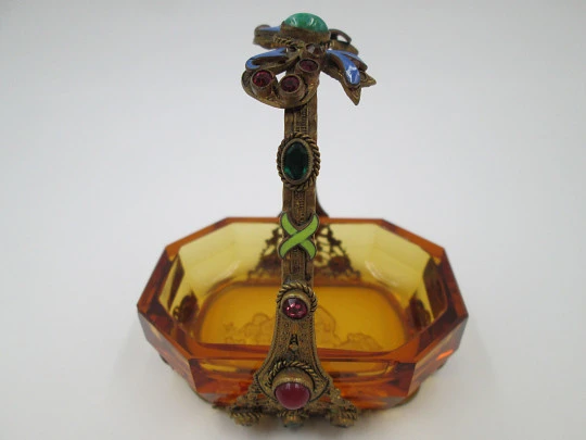 Basket miniature. Cut glass, enamel & colours stones. France. 1940's