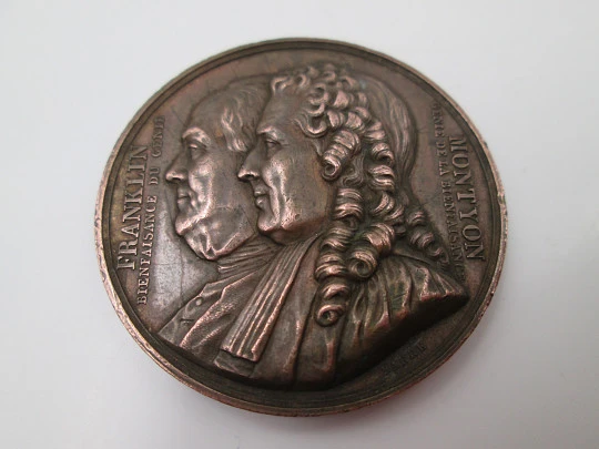 Benjamin Franklin y Antoine de Montyon medalla cobre. Jean Jacques Barré. 1833