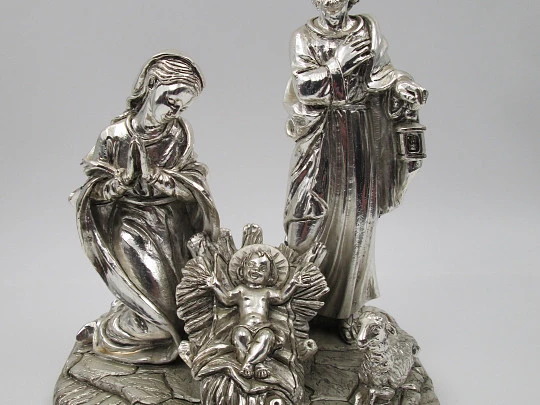 Birth of Jesus laminated sterling silver sculpture. Aurelio Alabardi. Italy. 1980's