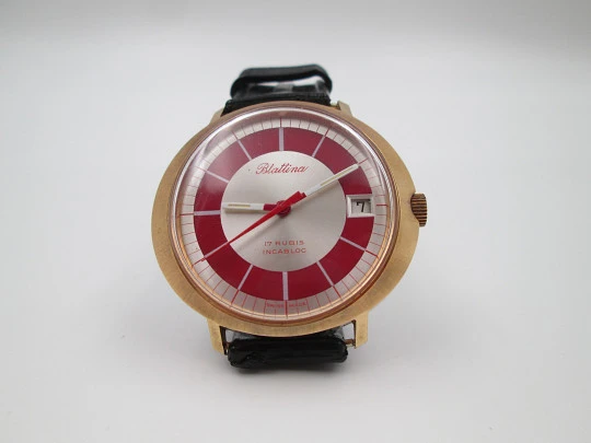 Blattina. Gold plated and steel. Manual wind. Calendar. Bitone sphere. Swiss. 1970's