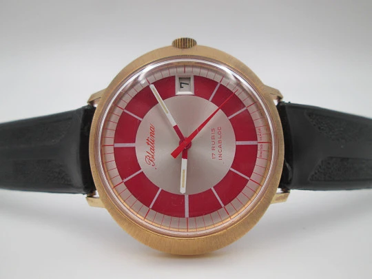 Blattina. Gold plated and steel. Manual wind. Calendar. Bitone sphere. Swiss. 1970's