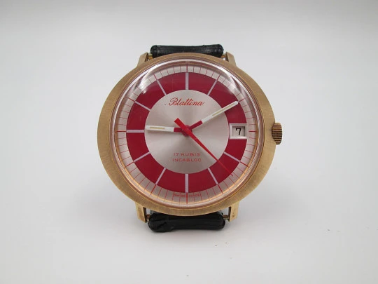 Blattina. Gold plated and steel. Manual wind. Calendar. Bitone sphere. Swiss. 1970's