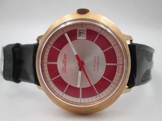 Blattina. Gold plated and steel. Manual wind. Calendar. Bitone sphere. Swiss. 1970's