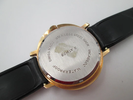 Blattina. Gold plated and steel. Manual wind. Calendar. Bitone sphere. Swiss. 1970's