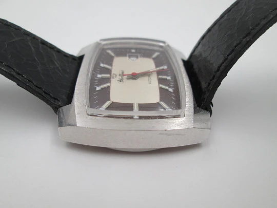 Blattina. Stainless steel. Rectangular case. Automatic. Calendar. Bitone dial. 1970's