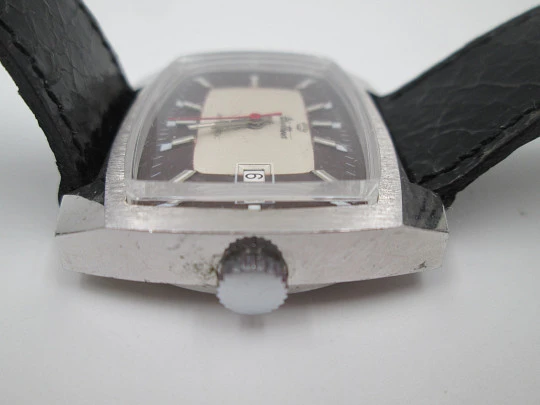 Blattina. Stainless steel. Rectangular case. Automatic. Calendar. Bitone dial. 1970's