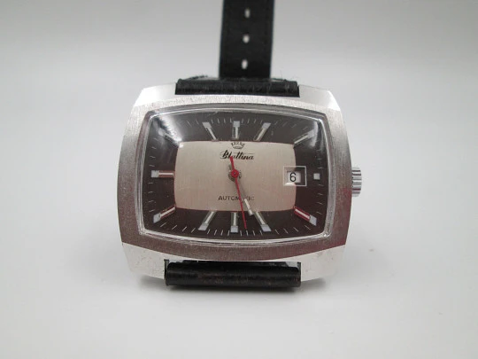Blattina. Stainless steel. Rectangular case. Automatic. Calendar. Bitone dial. 1970's