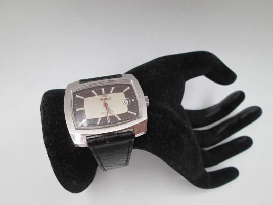 Blattina. Stainless steel. Rectangular case. Automatic. Calendar. Bitone dial. 1970's