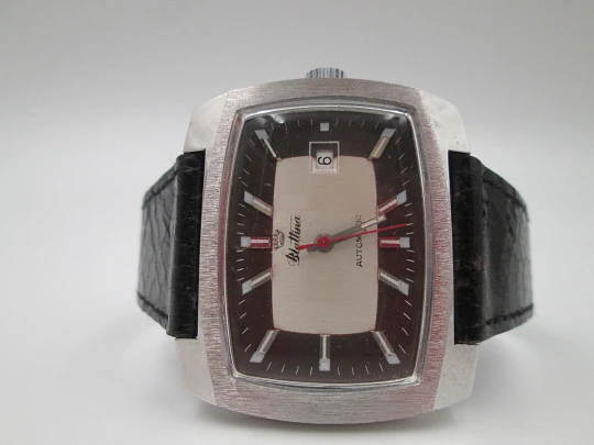 Blattina. Stainless steel. Rectangular case. Automatic. Calendar. Bitone dial. 1970's