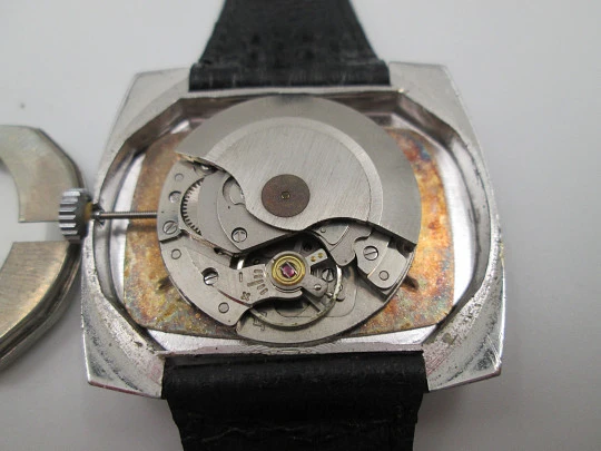 Blattina. Stainless steel. Rectangular case. Automatic. Calendar. Bitone dial. 1970's