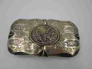 Bolso de mano mujer. Plata y vermeil. Francia. Escena romántica. 1900