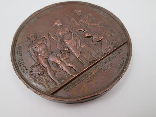 Bombardment of Barcelona 1842 copper medal. Vivier F. Relief. France