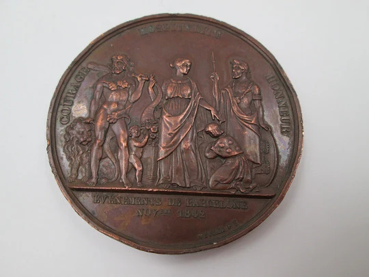 Bombardment of Barcelona 1842 copper medal. Vivier F. Relief. France