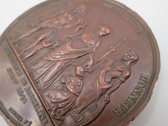 Bombardment of Barcelona 1842 copper medal. Vivier F. Relief. France