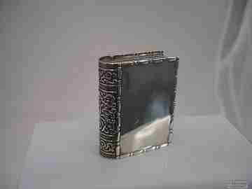 Book pillbox. Silver. 1970's. Scrolls and geometric motifs