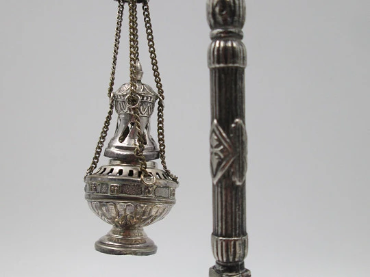 Botafumeiro miniature with stand. Silver plated. Scallop shells & Saint James crosses