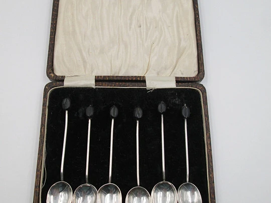 Boxed set of six coffee spoons. Silver and bakelite. Marson & Jones. 1920's
