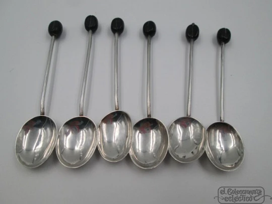 Boxed set of six coffee spoons. Silver and bakelite. Marson & Jones. 1920's